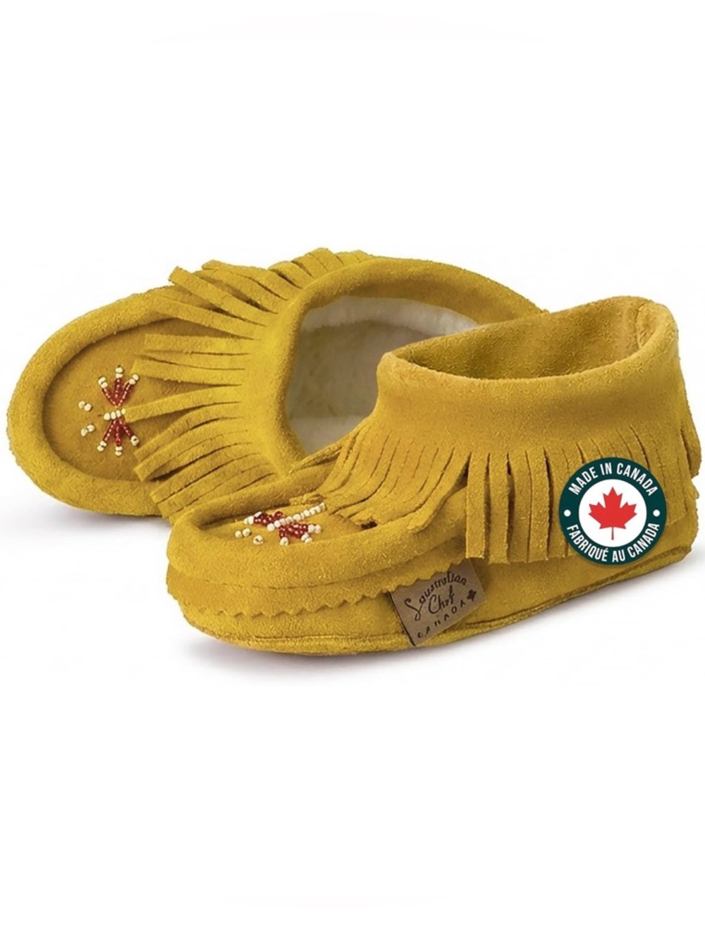 Kids Mustard Yellow Fringe Moccasin Slippers - Made in Canada